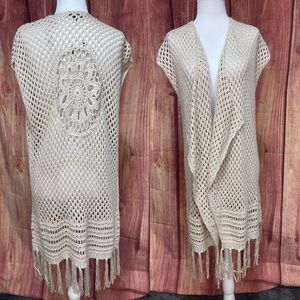 Artesia beige crochet tassels sleeveless open front boho hippie vest size S